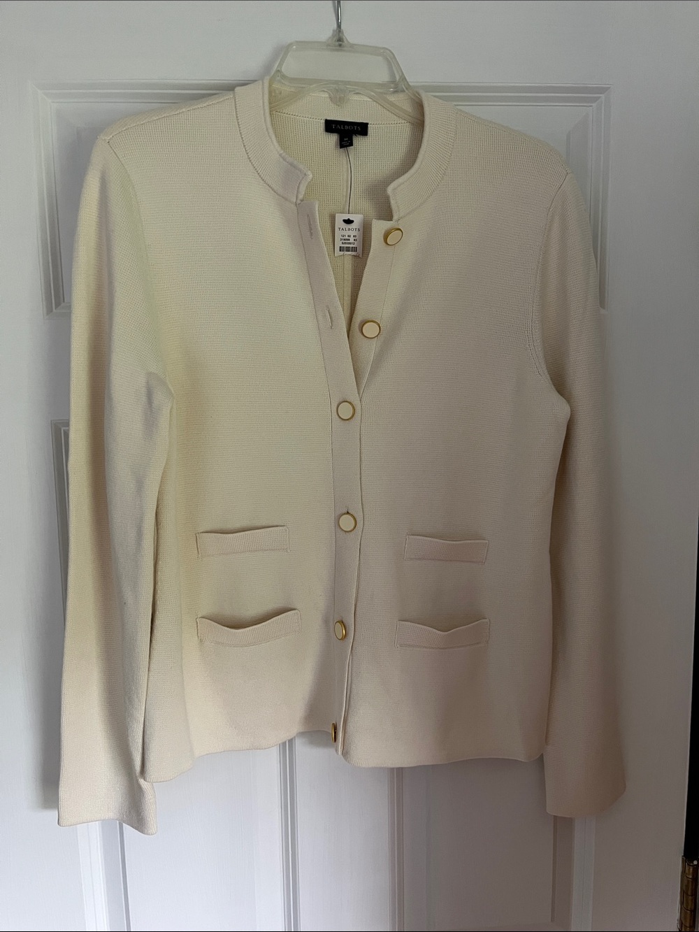 NWT Talbots Cream Collarless Knit Jacket with Gold and cream Buttons